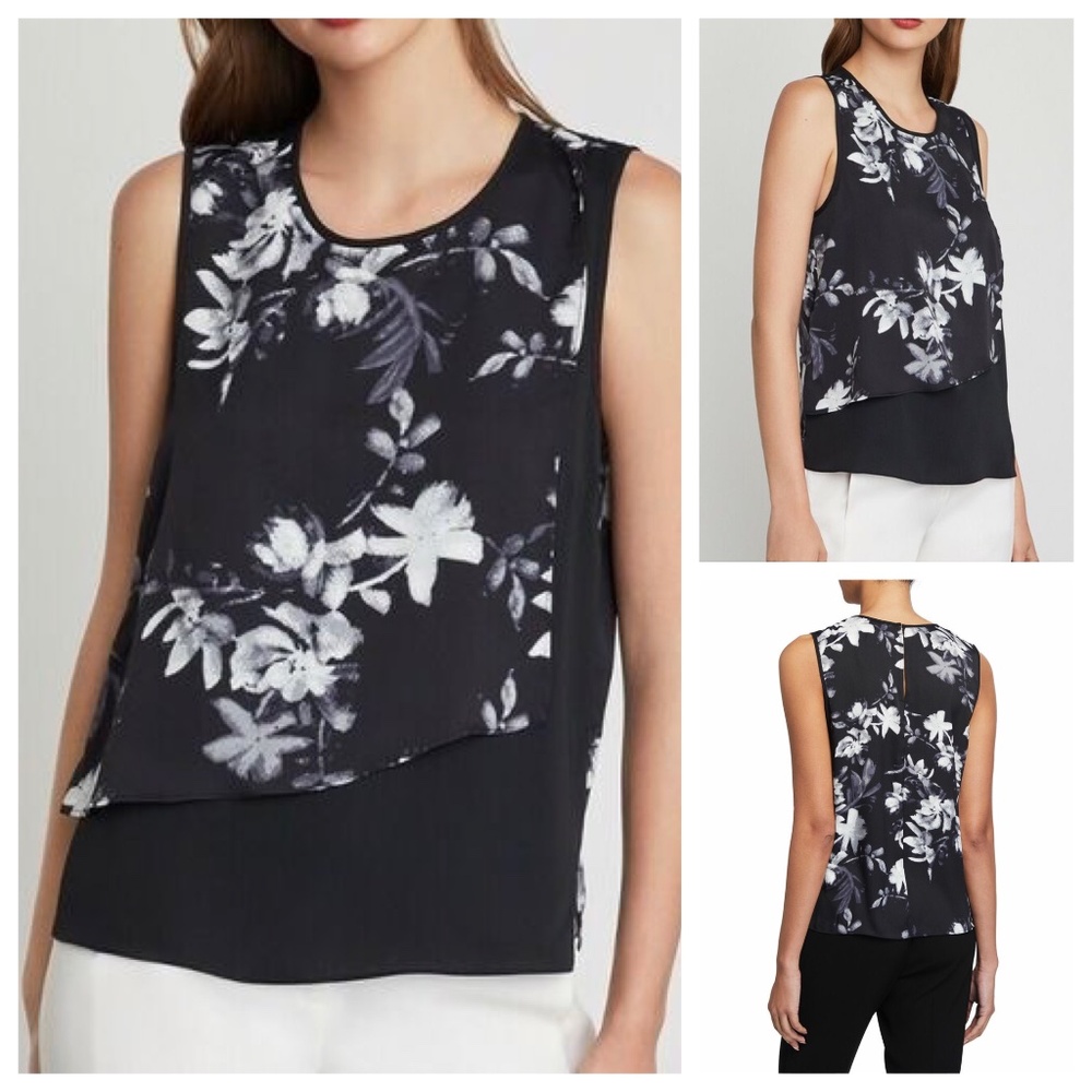 BCBG MaxAzria Sleeveless Floral Blouse Asymmetrical, Black & White, XS